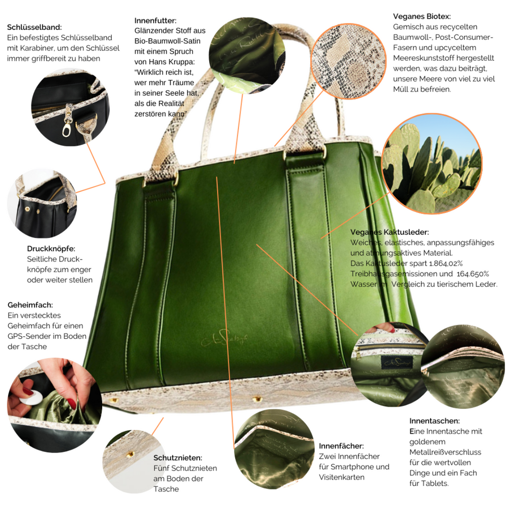 Handtasche aus veganem Leder in Oliv und Snake-Optik mit Details