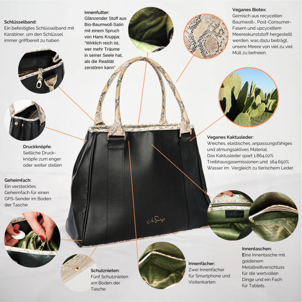 Handtasche aus veganem Leder in Schwarz und Snake-Optik mit Details