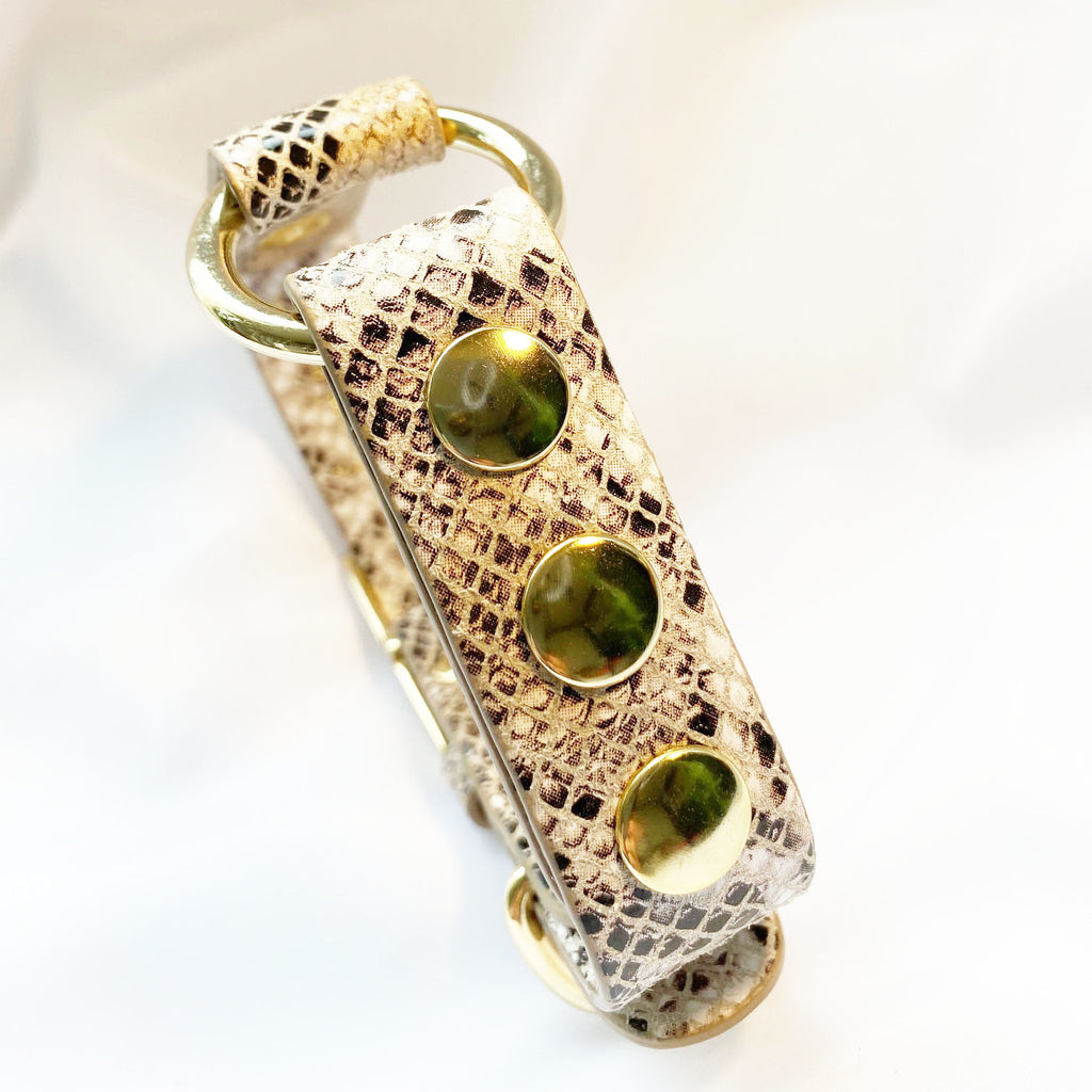 Veganes Hunde Halsband Oceanplastic in Snakeoptic mit goldenen Metallaccessoires 